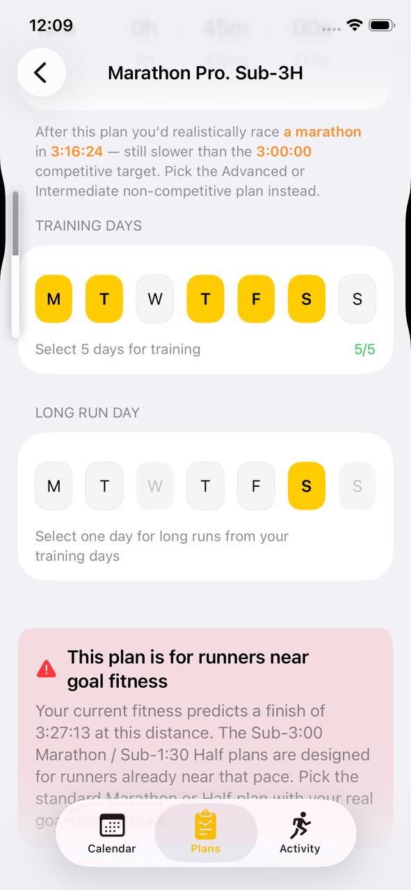 Gate banner — current fitness predicts 3:27:13 after a full plan, still over the 3:00:00 target
