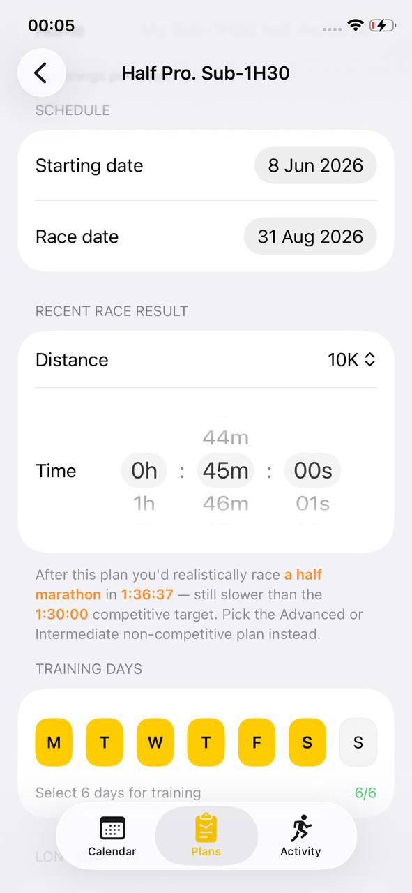 Pro plan setup with recent race result and projection footer