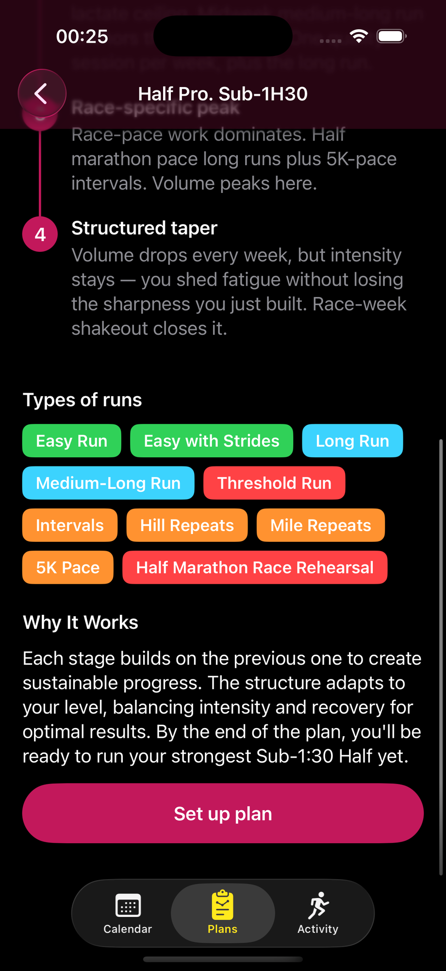 Half Pro types of runs — Easy, Long Run, Threshold, Intervals, Hill Repeats, Mile Repeats, Half Marathon Race Rehearsal
