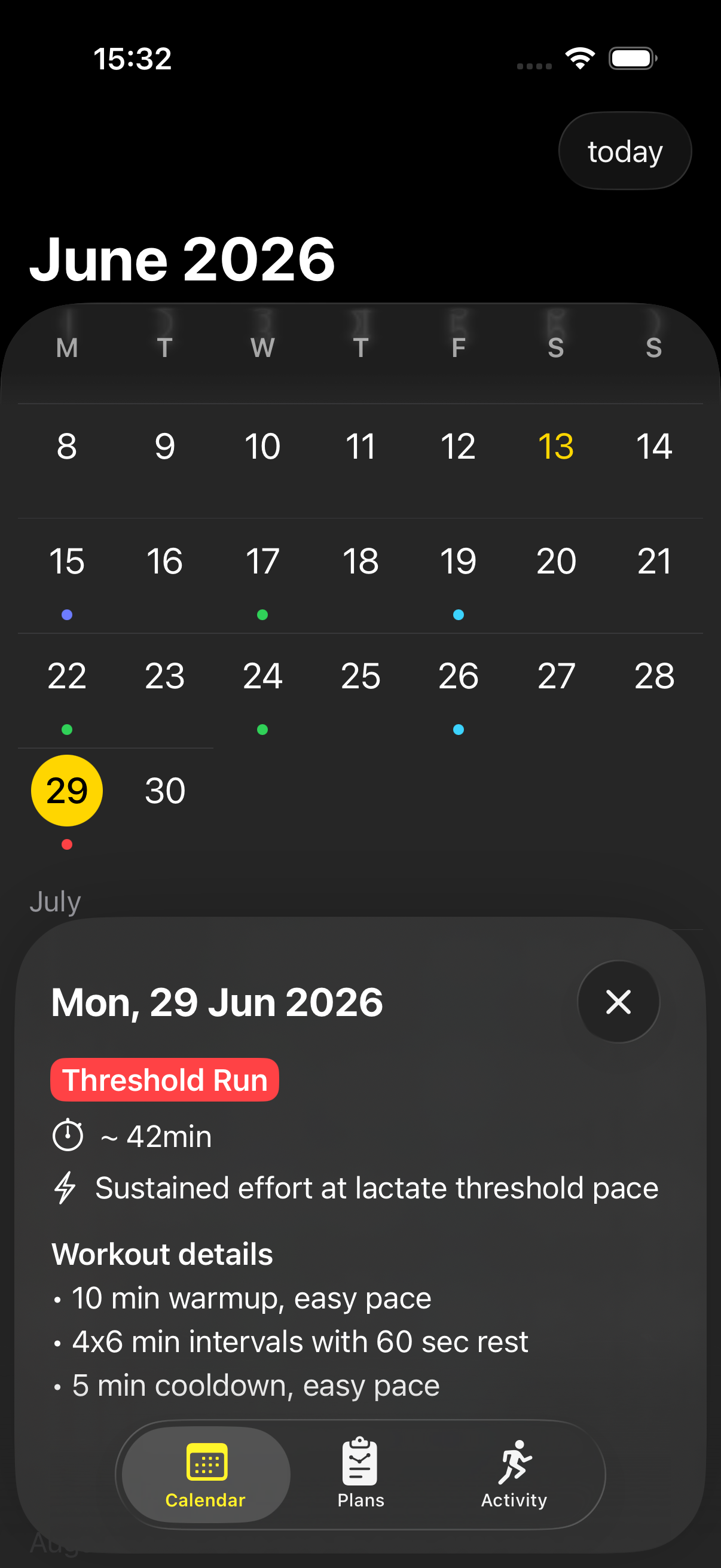 The Calendar tab: a month of workout markers and a detail sheet for a Threshold Run with warmup, 4x6-min intervals and cooldown.