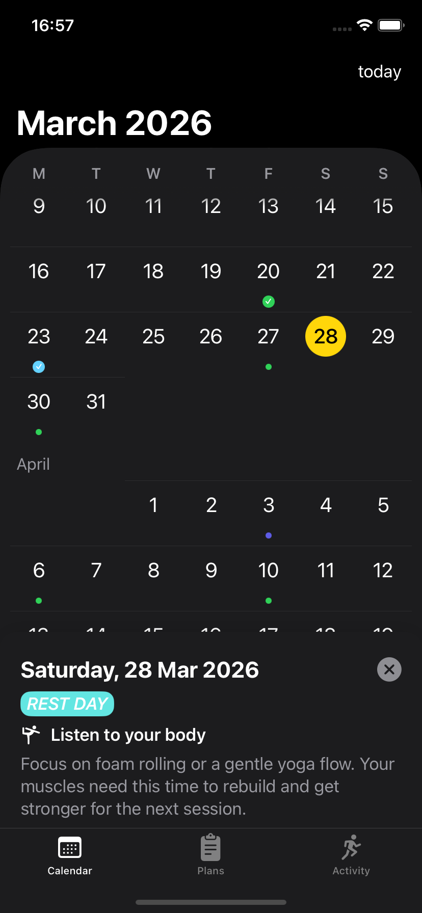 Calendar on iOS 18, dark mode — a pure-black background, flat row of icons at the bottom (Calendar highlighted), and a rest-day bottom sheet that is its own opaque dark surface separated from the calendar above.
