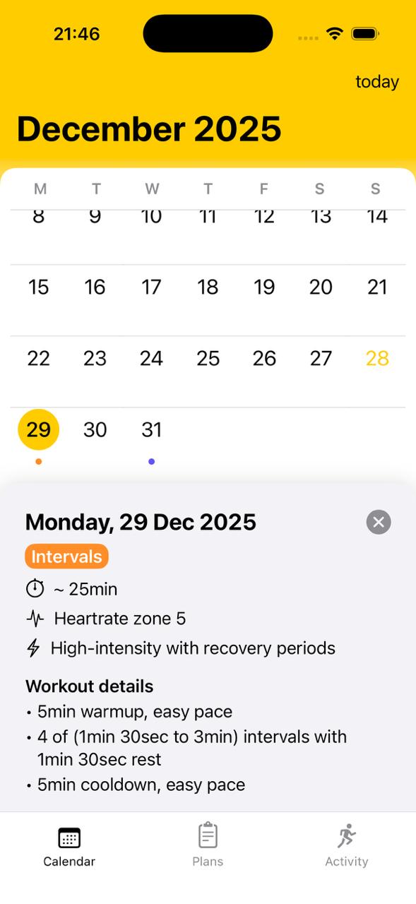 Run Plan's Calendar tab on iOS 18 — a saturated yellow banner across the top, the month title in bold black on it, a clean white calendar grid below.