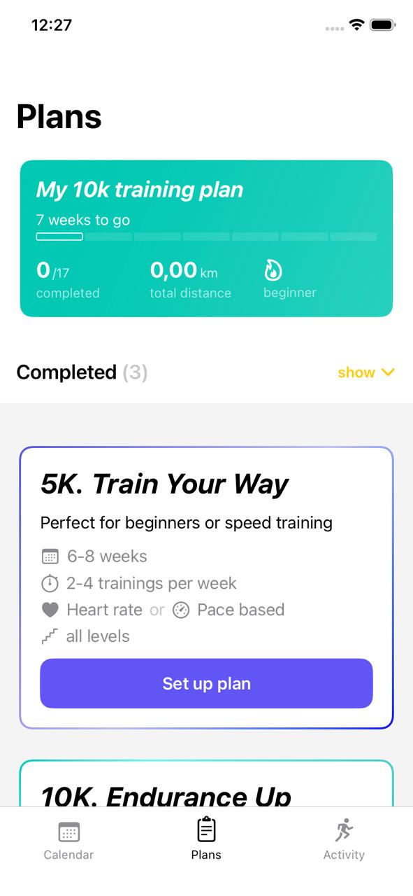 Run Plan's Plans tab on iOS 18 — bright white background, the user's "My 10k training plan" in a solid teal card at the top, a "Completed (3) show" header in yellow, and below it the "5K. Train Your Way" available-plan card with a thin purple border on white, a solid bright purple "Set up plan" button.