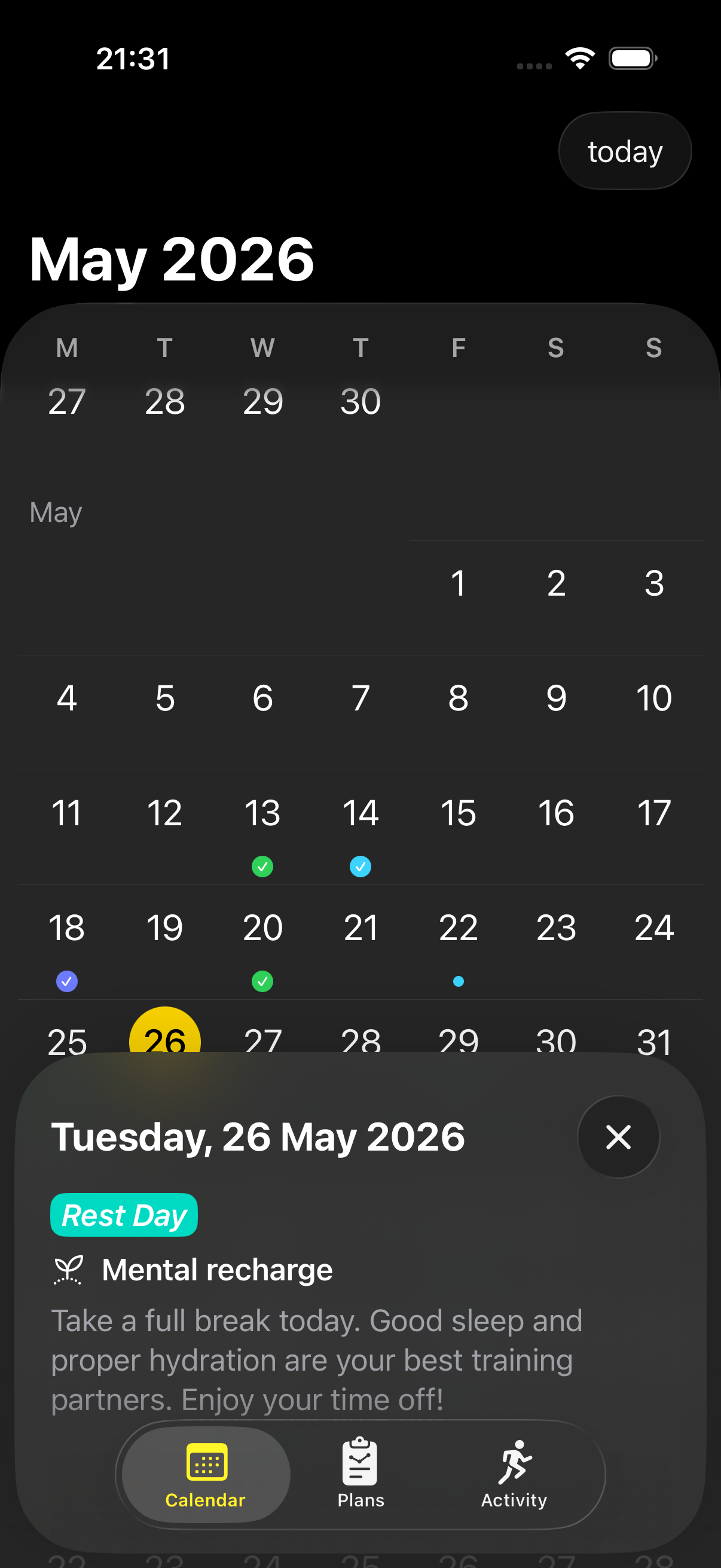 Calendar on iOS 26, dark mode — the same calendar grid sits inside a softly-rounded glass panel; the bottom sheet rises out of the same material with a continuous glassy edge; the tab bar is a single glass pill with a yellow-tinted active state.