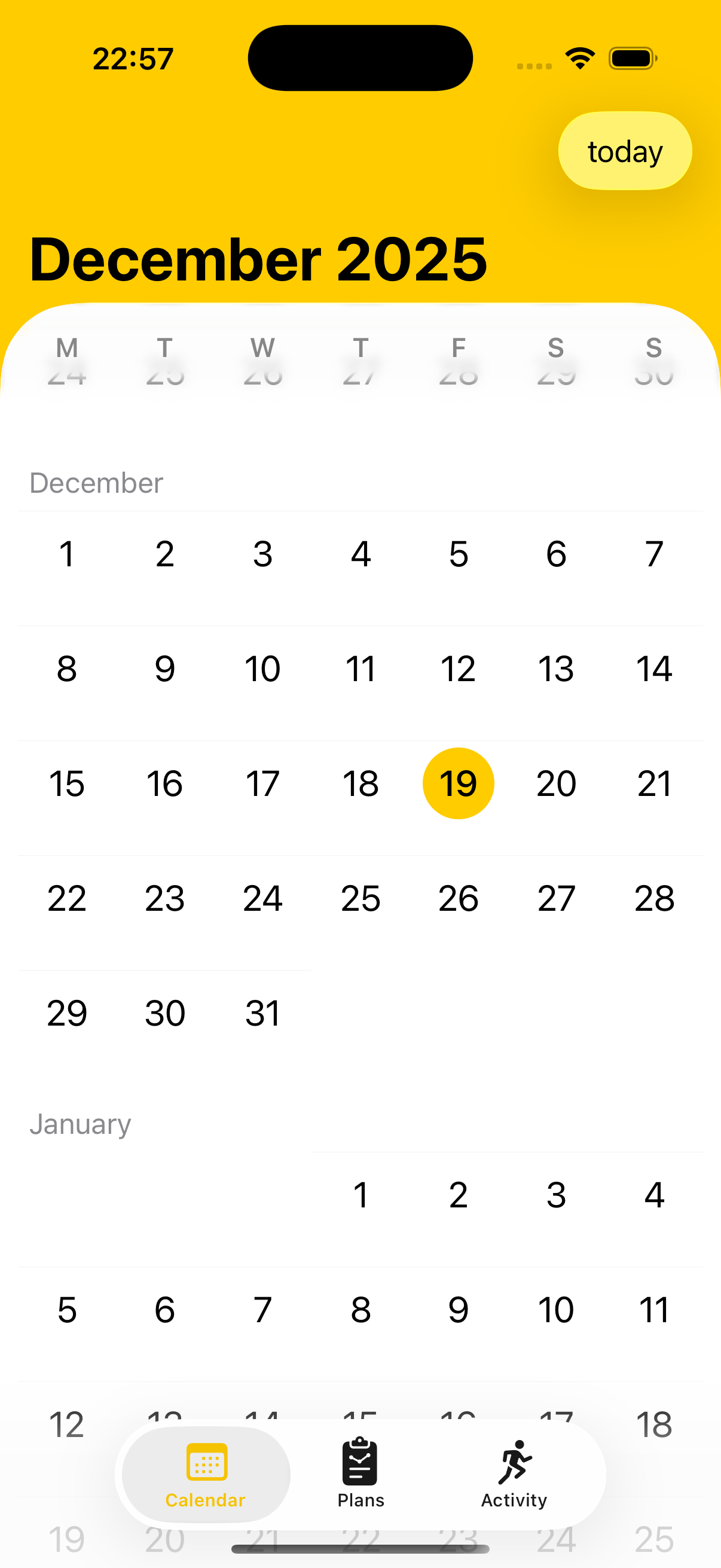 The same Calendar tab on iOS 26 — the yellow bleeds into a glassy translucent material at the top that rounds into the calendar grid; the tab bar at the bottom is now a single pill with a glass-tinted active state.