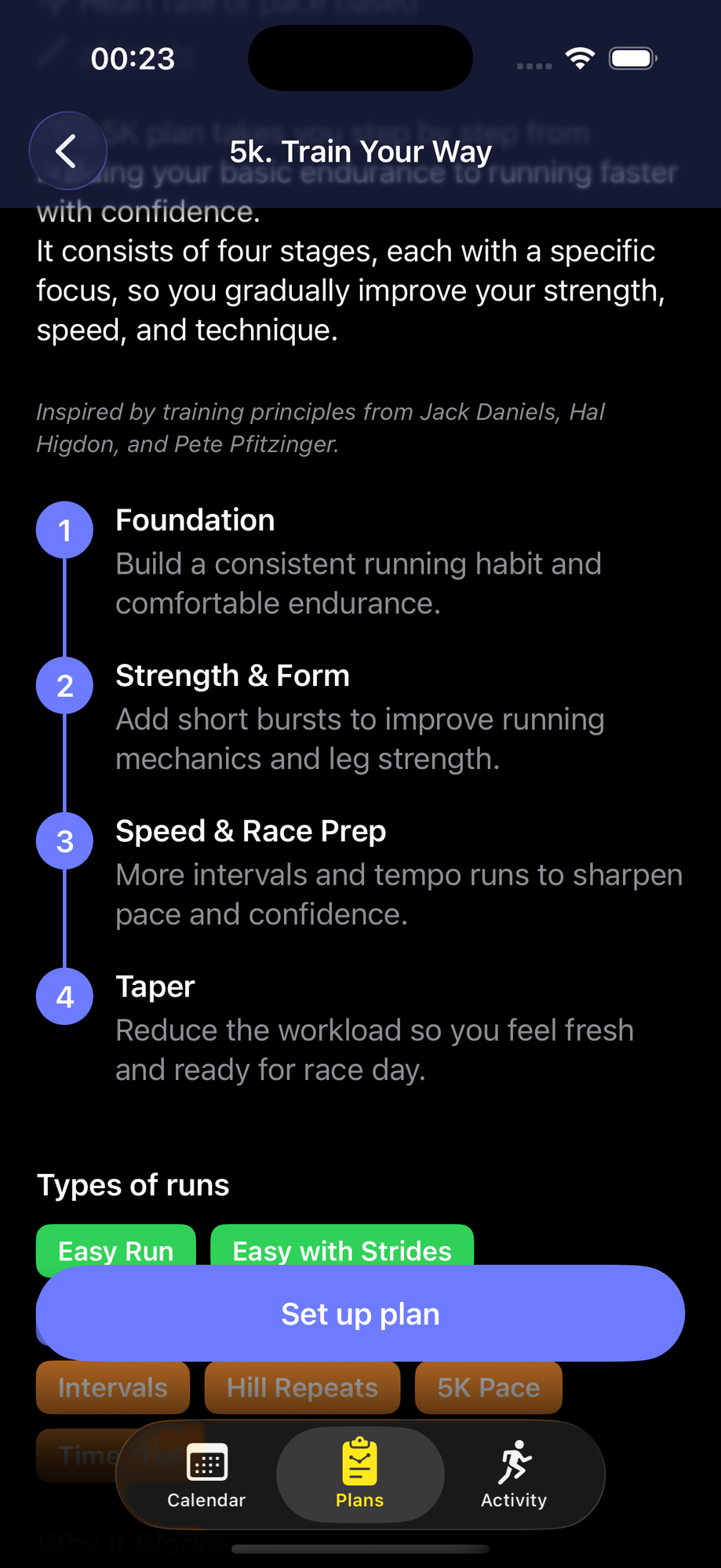 Inside a plan — four stages: Foundation, Strength & Form, Speed & Race Prep, Taper