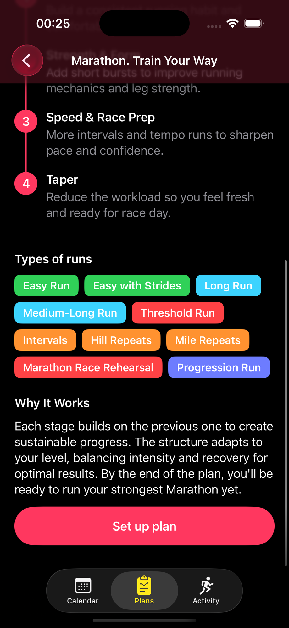 Marathon. Train Your Way — same four-stage shape, larger workout pool