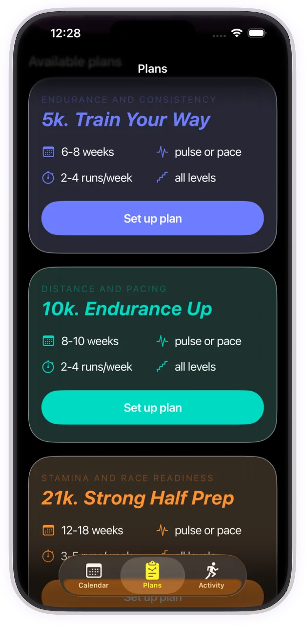 iPhone showing a list of Run Plan training plans