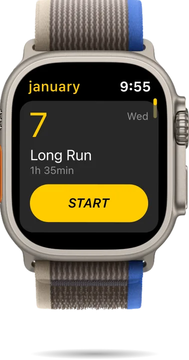 Run Plan on Apple Watch showing the day's scheduled Long Run, 1 h 35 min, with a Start button