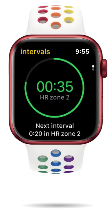Run Plan interval timer on Apple Watch counting down in heart-rate zone 2, with the next interval previewed