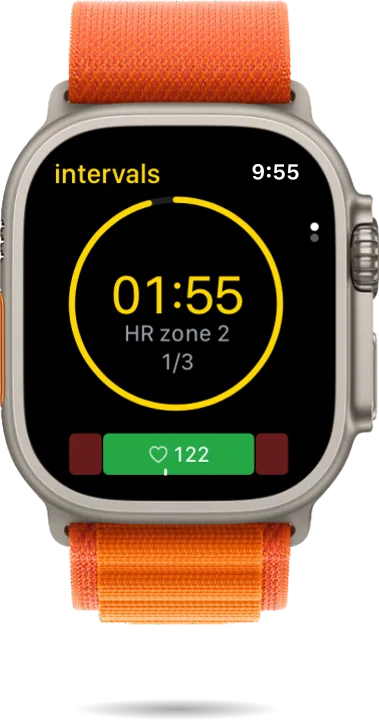 Run Plan interval timer on Apple Watch in heart-rate zone 2, interval 1 of 3, with current heart rate