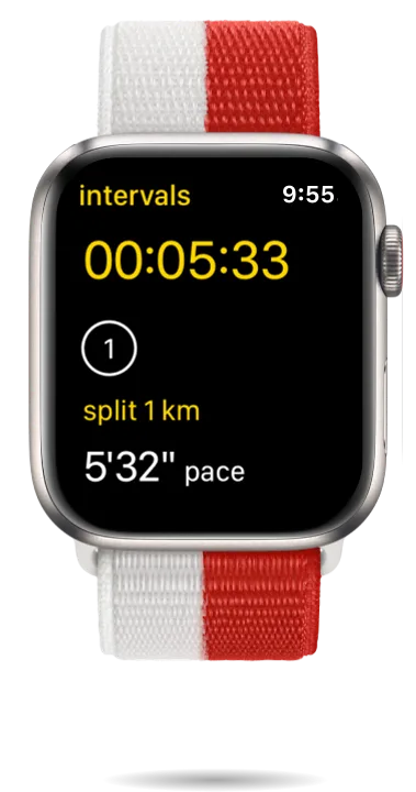 Run Plan on Apple Watch during an interval run, showing the first 1 km split at a 5:32 per-km pace