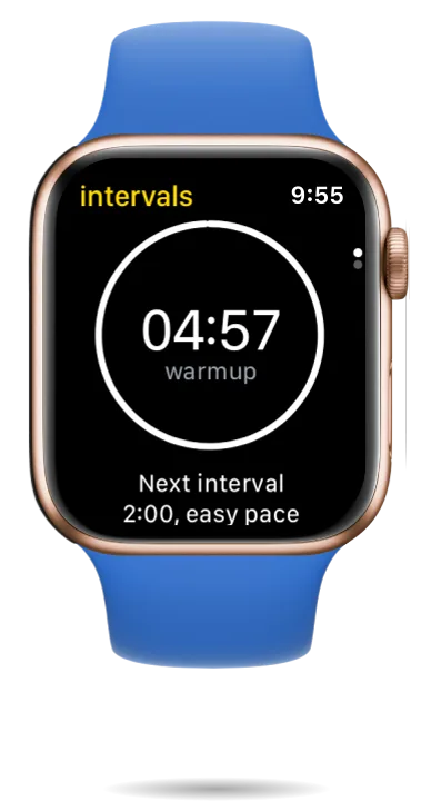 Run Plan on Apple Watch showing a warm-up countdown before the next easy-pace interval