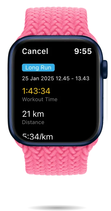 Run Plan workout summary on Apple Watch: a completed 21 km Long Run in 1:43:34 at a 5:34 per-km pace
