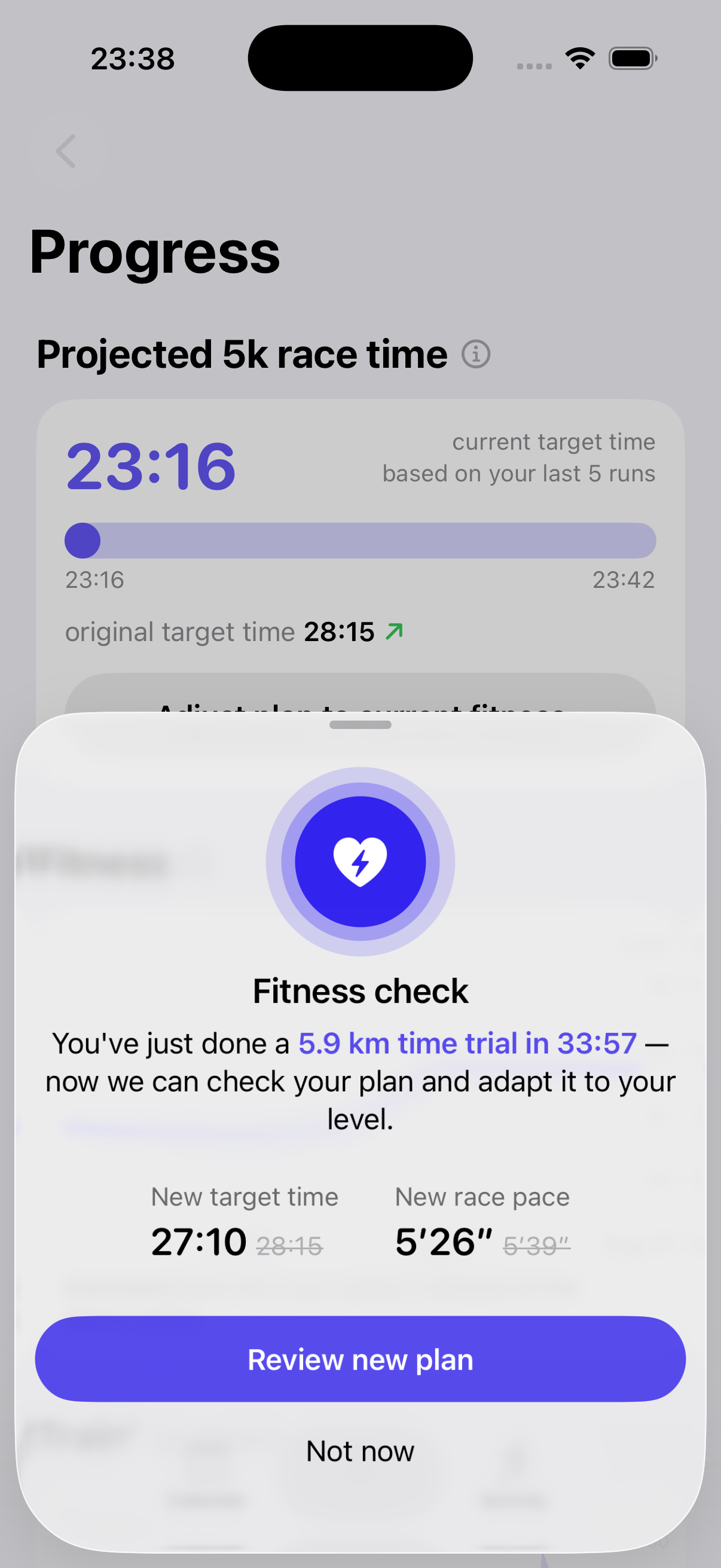 RunPlan fitness check — after a time trial the app proposes a new target time and race pace