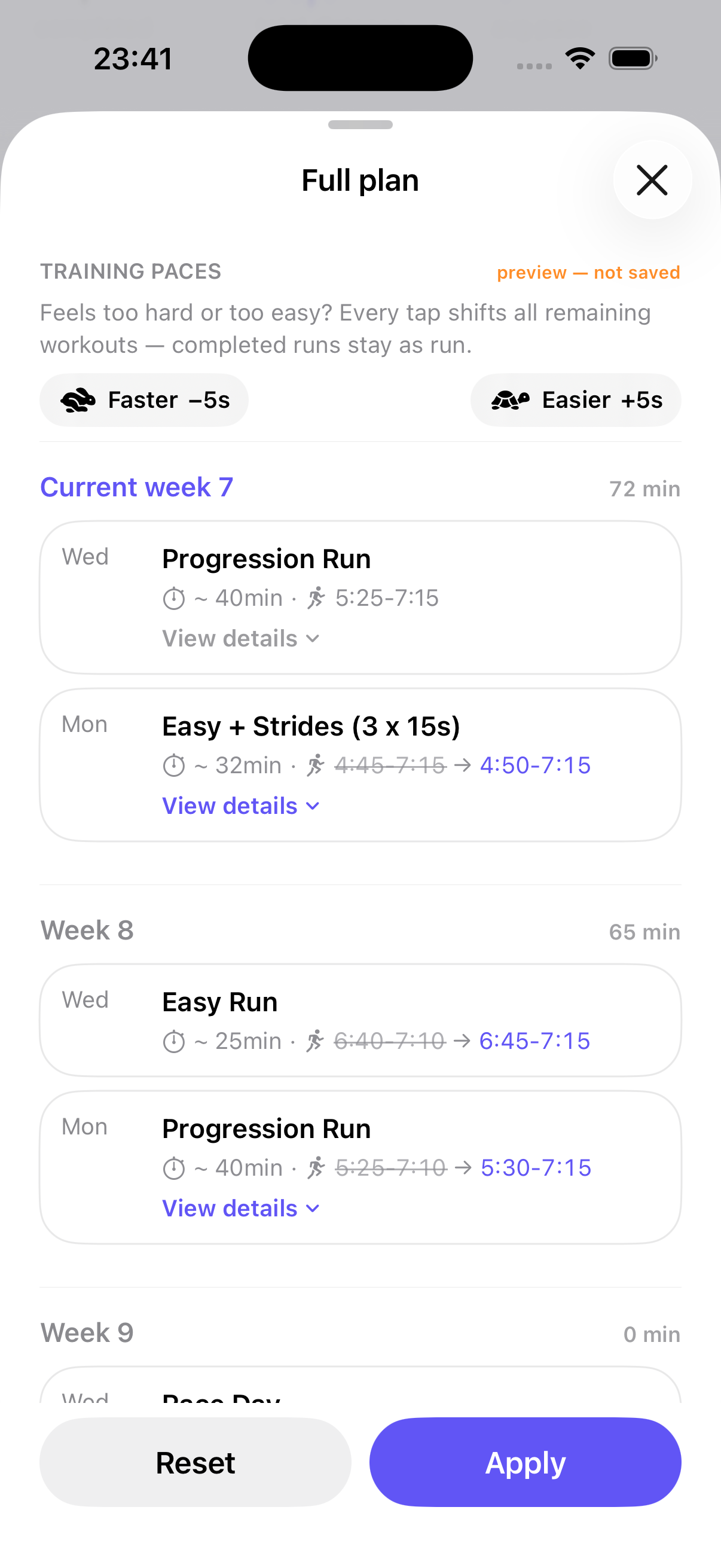 RunPlan full-plan preview — old paces struck through next to the new ones, with Apply and Reset
